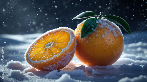 Fresh Orange with Snow and Frost in Winter Landscape – Dramatic Seasonal Citrus Close Up
