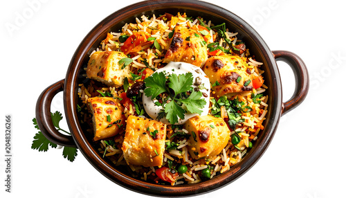 Top-down shot of a flavorful dish with grilled, cubed protein, colorful vegetables, grains, and creamy sauce in a dark bowl