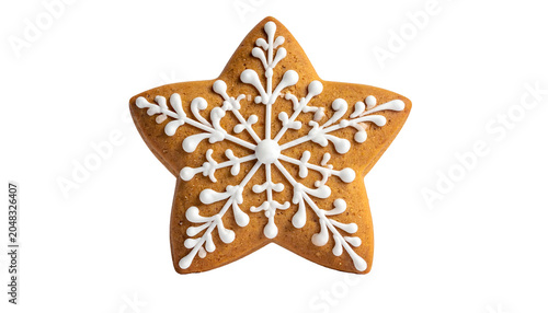 Close-up studio shot of a star-shaped gingerbread cookie decorated with white icing in a snowflake design, isolated on black