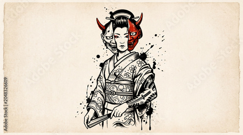 Japanese Geisha With Oni Mask Illustration.