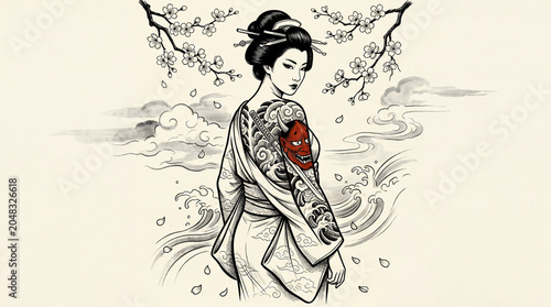 Traditional Japanese Geisha with intricate tattoo art on her back.
