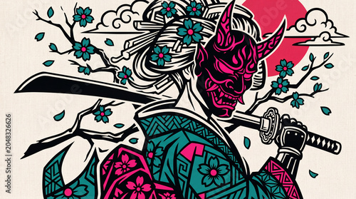 Japanese warrior woman with oni mask and katana sword.