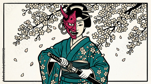 Geisha with Oni Mask and Katana Sword.