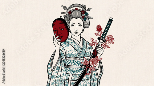Geisha Holding Mask and Katana Sword with Roses.