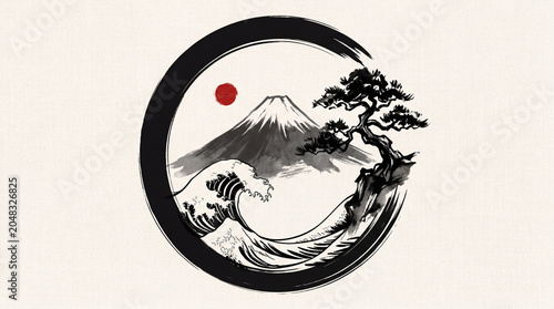 Japanese ink painting of Mount Fuji with a bonsai tree and wave.
