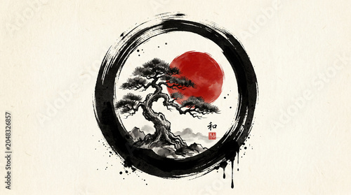 Zen Enso Circle with Bonsai Tree and Red Sun 1.
