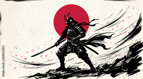 Samurai warrior in traditional armor holding a sword against a red sun.