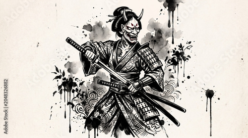 Japanese Samurai Warrior with Two Swords Ink Drawing.