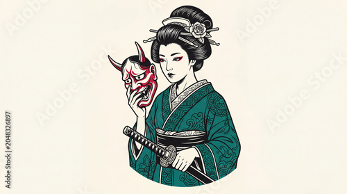 Geisha holding a demon mask and katana sword illustration.