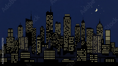 Cityscape at night with illuminated skyscrapers and crescent moon.
