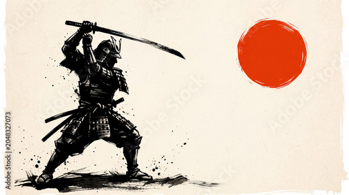 Samurai Warrior in Traditional Armor Holding Katana Sword.