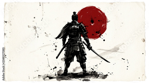 Samurai warrior standing with swords in front of a red sun symbol.