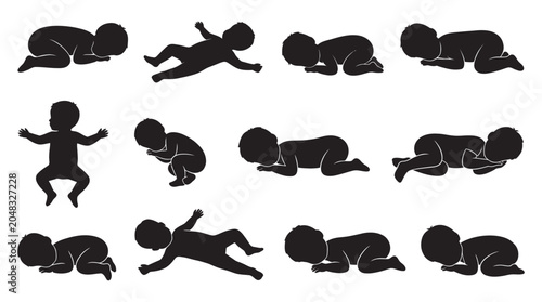 Foto Sleeping baby poses collection black silhouette infant