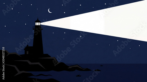 Lighthouse beam shines across the dark night sea.