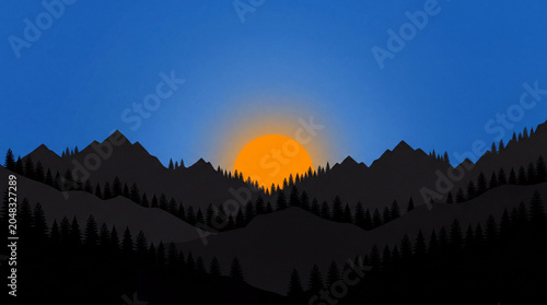 Sunrise over a dark forest mountain range.
