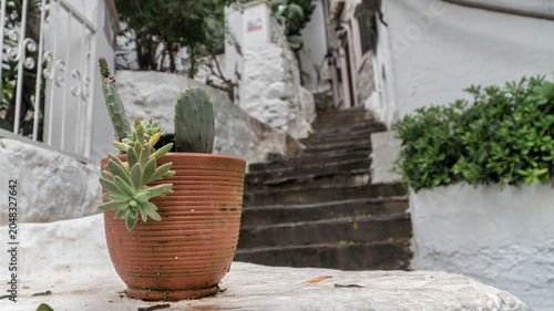 Historic narrow cobblestone alley in Marmaris Old Town, featuring traditional white-washed houses