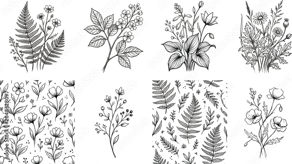 Fototapeta premium Detailed black and white botanical line art illustrations of flowers, leaves, ferns, and decorative floral arrangements for design use