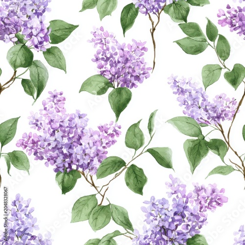 Lilac flowers, full sbranch and foliage, seamless pattern