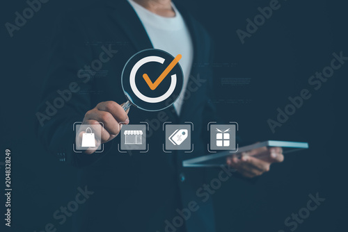 Photography Business professional analyzing verified online shopping and digital marketplace quality assurance with ecommerce validation, secure transactions, customer trust, and retail approval concepts