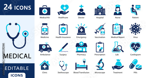 Medical Healthcare Icons Set, Hospital, Doctor, medical, healthcare, Nurse, ambulance, prescription, prescription, Pharmacy and Emergency Vector Collection