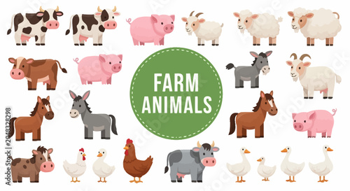 Collection of Cute Farm Animals - Cows, Pigs, Sheep, Horses, Goats, Chickens, Ducks