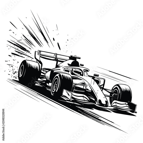 Black and White Ink of a Formula One Racing Car Speeding on a Track with Motion Lines and Splatter Effects Isolated