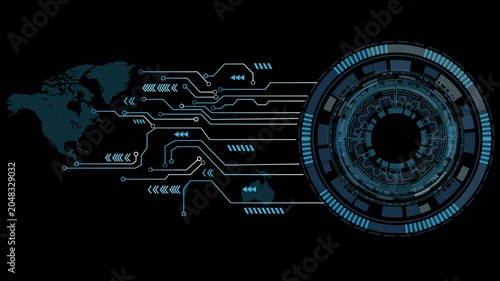 Abstract futuristic display HUD animation featuring a rotating digital circular interface with binary code and circuit board elements.