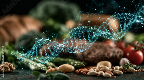 Food science longevity concept with nutrient rich foods and glowing biotech molecules for healthy aging innovation