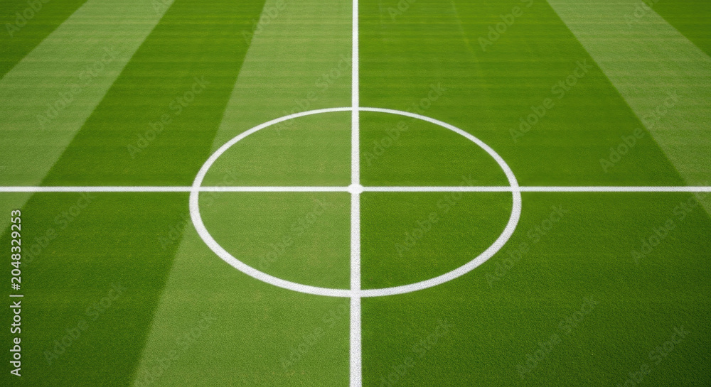 Obraz premium White football pitch center circle and halfway line markings on green field