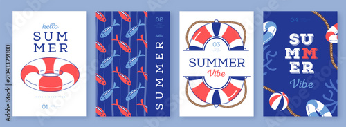 Foto Set of summer striped sea vacation posters or covers with inflatable swim rings