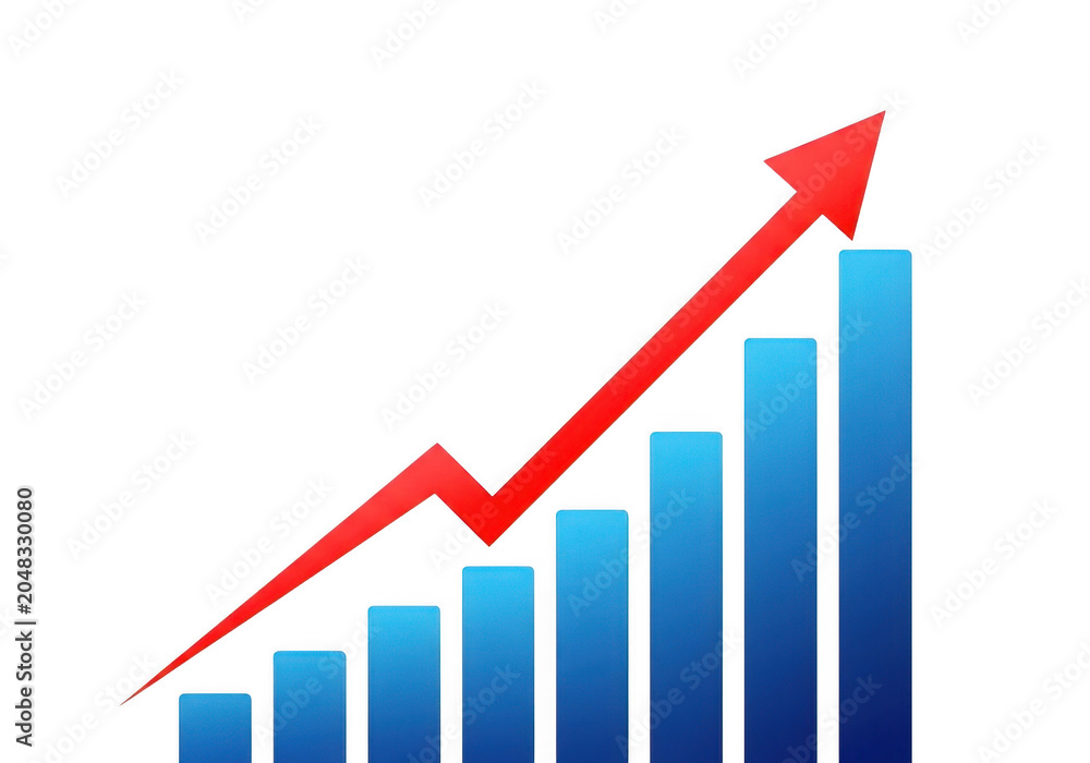 Fototapeta premium Growth bar chart with ascending red arrow indicating financial progress during economic expansion