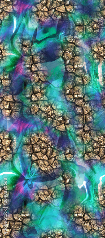 Fototapeta premium Seamless abstract stone wall pattern blended with vibrant teal and purple northern lights fluid waves