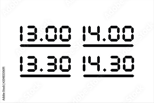 Set of digital clock time display icons, LED font style vector illustration