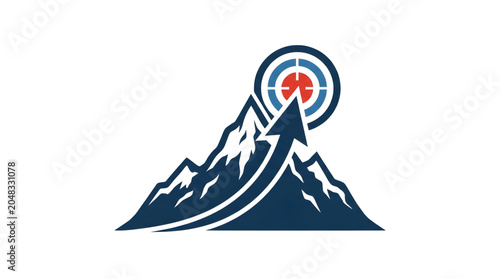 Dynamic graphic featuring a mountain, an upward arrow, and a target, symbolizing ambitious goal achievement, strategic progress, and overcoming challenges for success