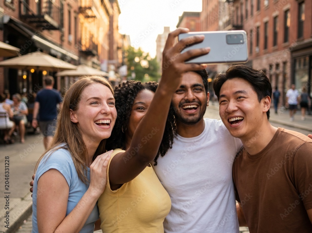 Obraz premium Diverse Young Friends Laughing and Taking Group Selfie on City Street - Best Friends Day - Correct Phone Orientation