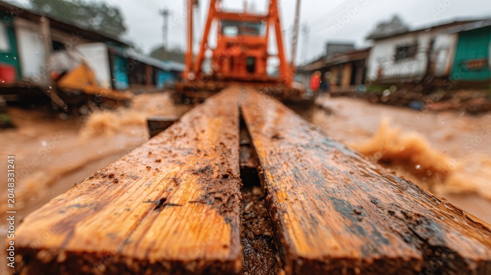 Fototapeta premium High Water Stranding: Floodwater Surrounds Makeshift Bridge in Community