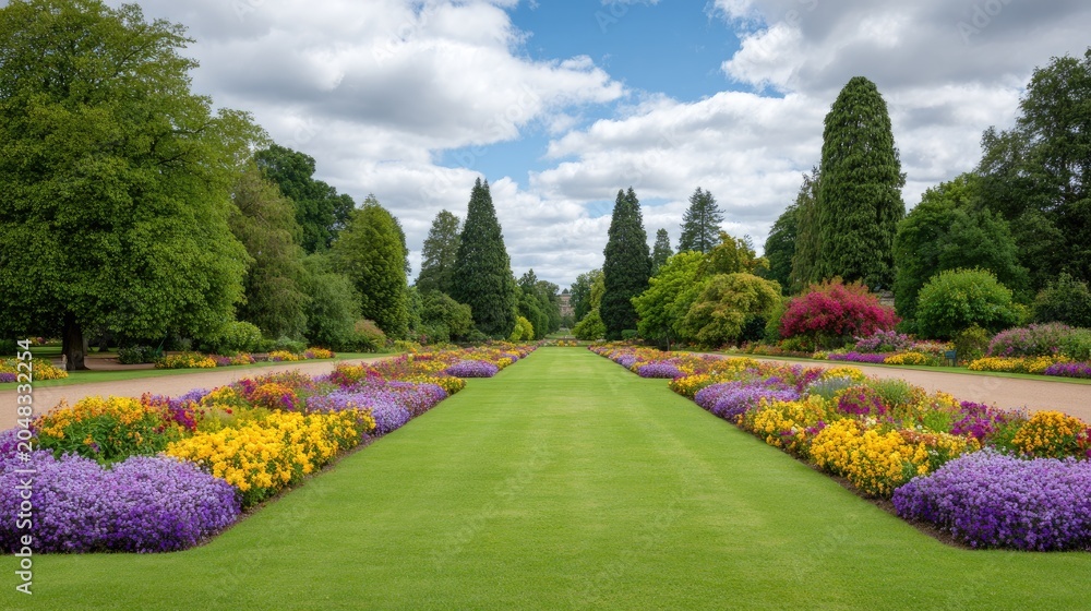 Obraz premium A Stunning Floral Landscape in Full Bloom Showcasing Vibrant Colors and Lush Greenery with Cloudy Blue Skies Above