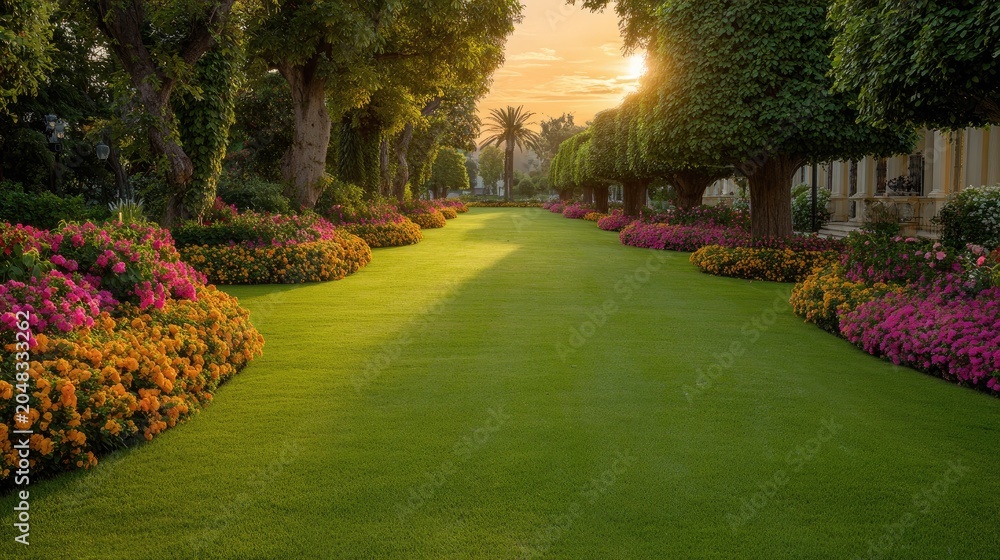 Obraz premium Serene Garden Pathway at Sunset with Vibrant Flowers and Lush Green Grass in a Peaceful Outdoor Setting