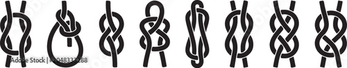 Knot icons, rope knots, nautical symbols, vector set