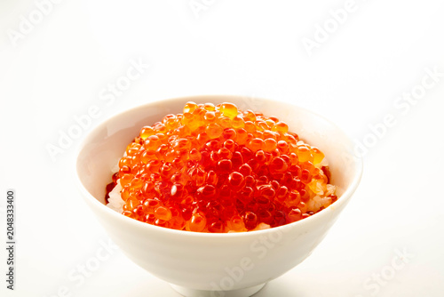 Foto 白い器に盛られた鮮やかなイクラの丼、贅沢な海の幸