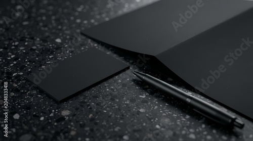 Modern Black Stationery Mockup: Business Card, Paper, Pen on Textured Surface
