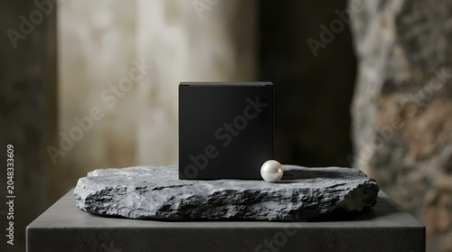 Minimalist Black Box on Stone, Elegant Product Presentation