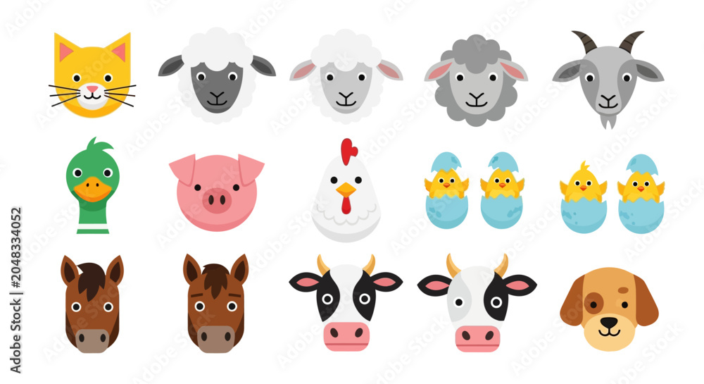 Fototapeta premium Cute Farm Animals Faces Collection - Cartoon Style