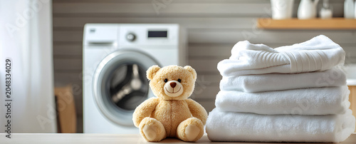 Teddy bear and stack of white towels in a laundry room with copy space