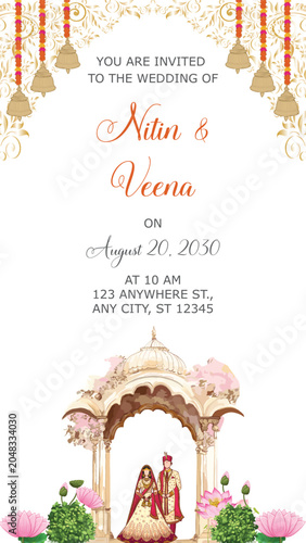 traditional wedding invitation with mandapa and couple