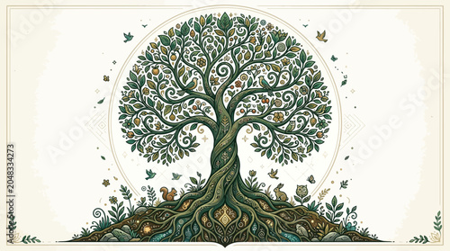 Vibrant tree of life with swirling branches.