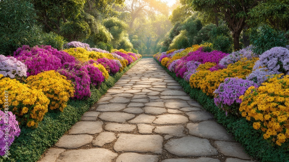 Obraz premium Serene Stone Pathway Surrounded by Vibrant Flower Beds in a Lush Garden During Golden Hour