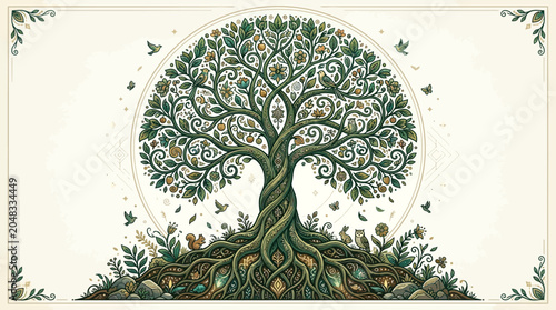 Intricate tree of life with roots and leaves.