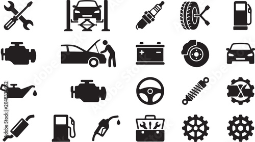 Black car service, automotive repair icons, 20 symbols, vehicle maintenance graphics, mechanic toolkit