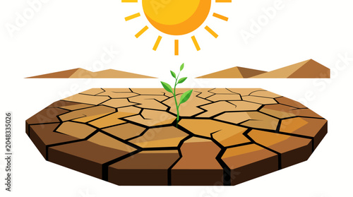 Green sprout growing from dry cracked earth under a bright sun